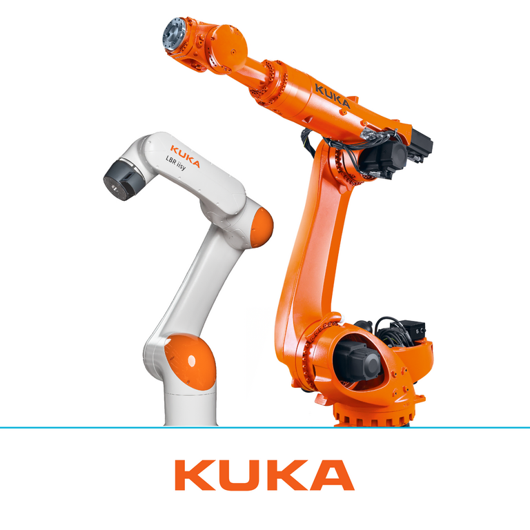 Das Bild zeigt zwei KUKA-Roboterarme in den Farben Orange und Weiß mit dem Markennamen deutlich sichtbar auf dem Arm; der Hintergrund ist neutral gehalten.