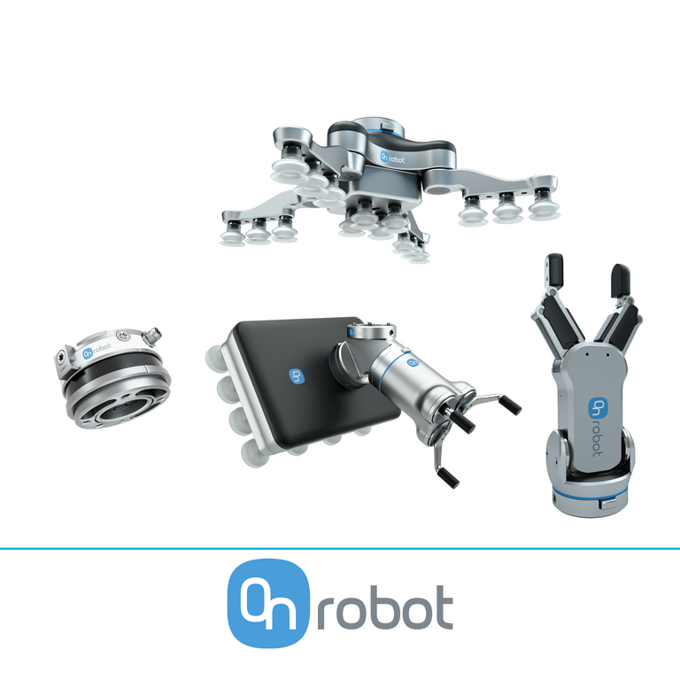 Das Bild zeigt verschiedene Endeffektoren und Automatisierungszubehör von OnRobot, darunter einen Vakuumgreifer, einen magnetischen Greifer und einen adaptiven Greifer, alle vor einem neutralen Hintergrund.