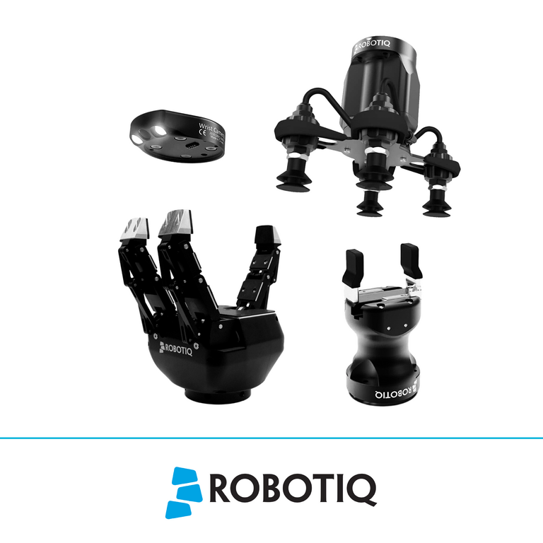 Das Bild zeigt eine Auswahl an Robotik-Komponenten von Robotiq, darunter Greifer, ein Kamera-Sensorsystem und Vakuumgreifer, alle in Schwarz gehalten gegen einen neutralen Hintergrund.