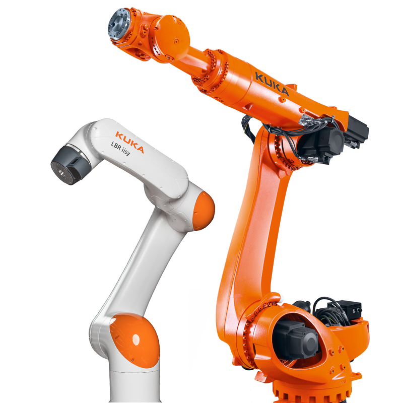 Das Bild zeigt einen orangefarbenen und weißen Industrieroboterarm des Herstellers KUKA, isoliert auf einem weißen Hintergrund.