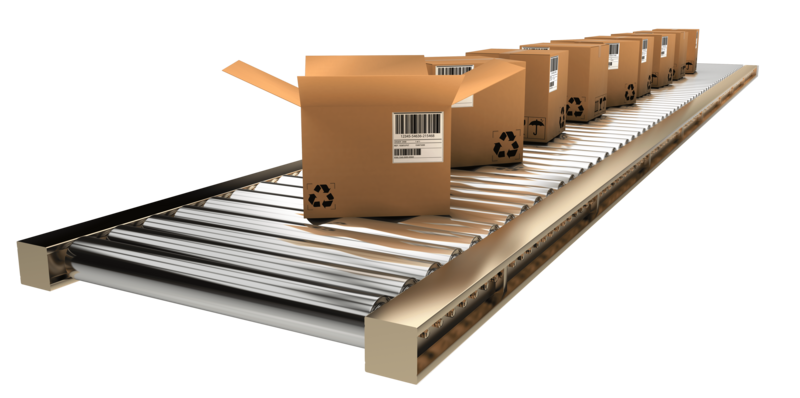 Das Bild zeigt eine Reihe von Kartons auf einem Förderband, bereit für den Transport oder die Sortierung in einem Logistik- oder Versandzentrum.