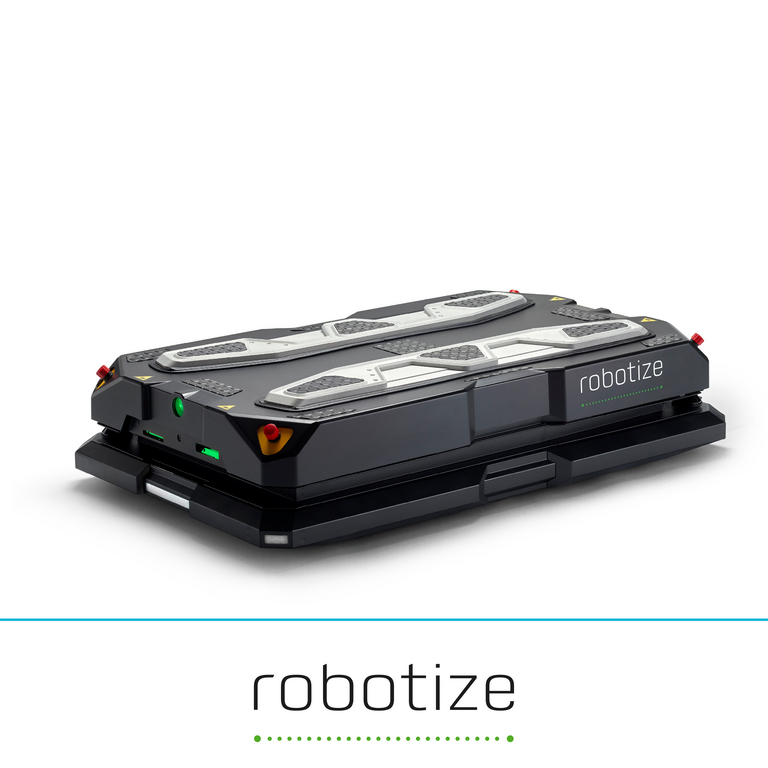 Das Bild zeigt ein flaches, rechteckiges, autonomes mobiles Robotersystem von Robotize, dargestellt vor einem neutralen Hintergrund.