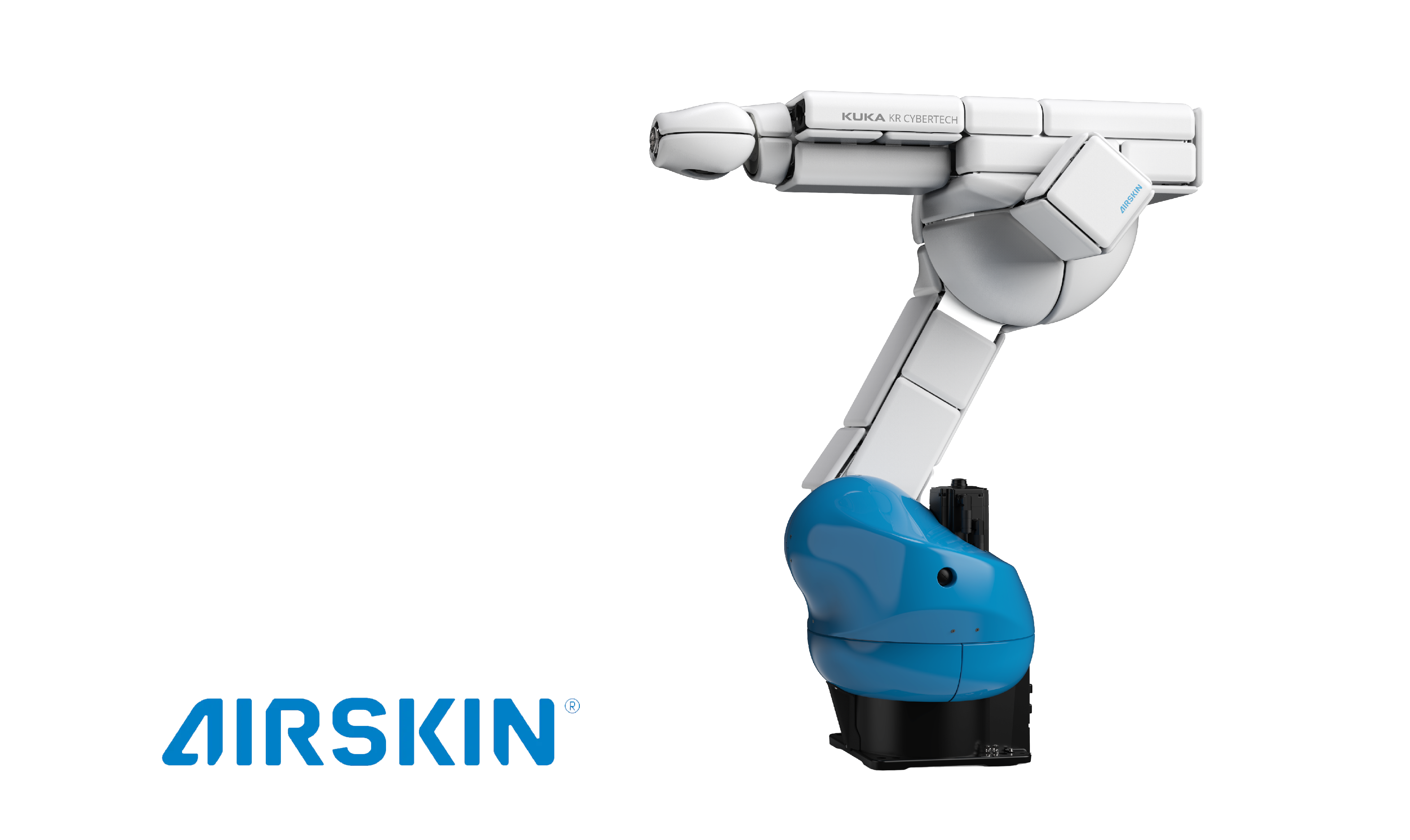 Auf dem Bild ist ein Industrieroboterarm der Marke KUKA in Weiß und Blau zu sehen, mit der Aufschrift "AIRSKIN" auf dem Hintergrund, was auf eine spezielle Sensorhaut für Sicherheit bei der Zusammenarbeit mit Menschen hinweisen könnte.