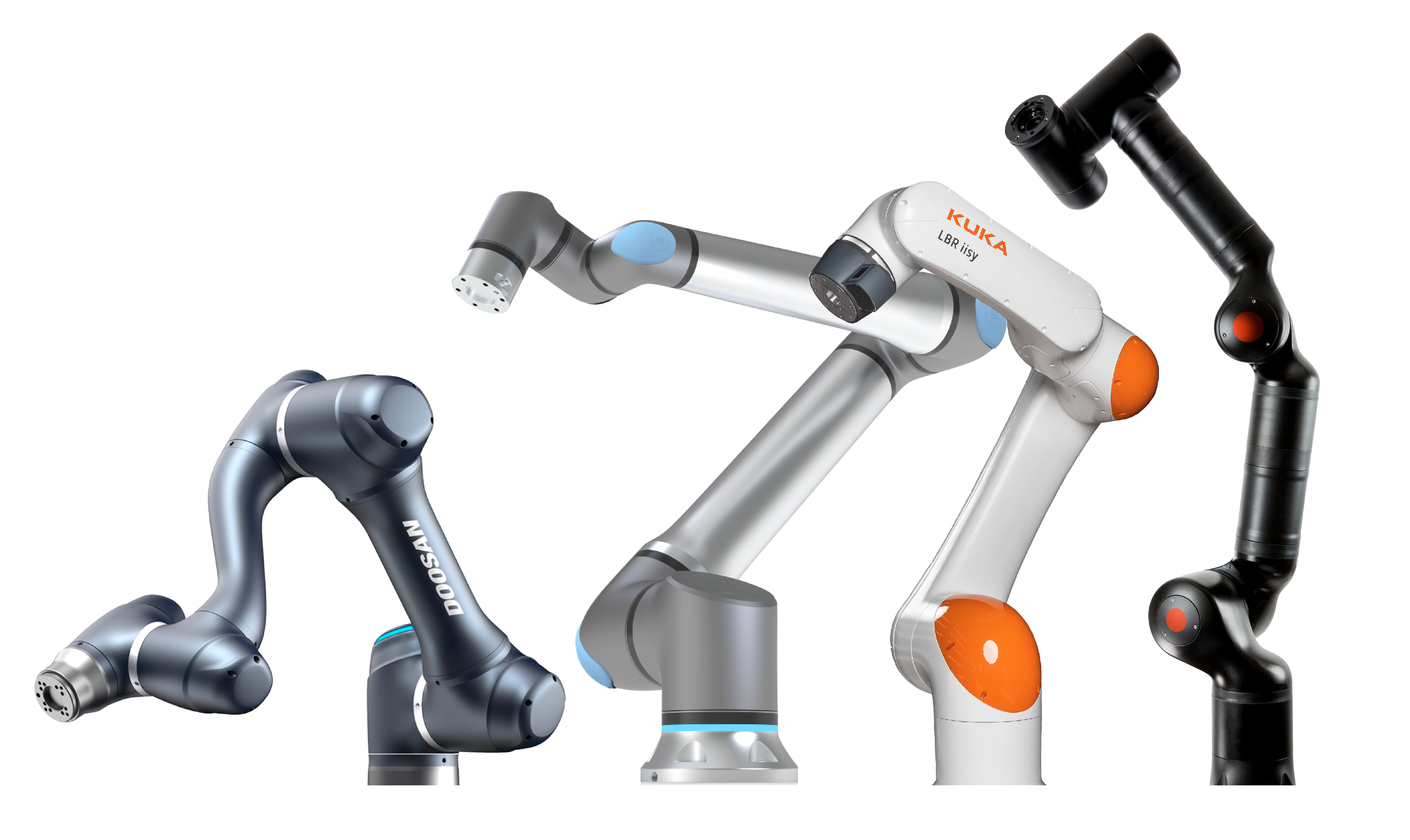 Das Bild zeigt vier verschiedene Modelle wobei die Roboterarme unterschiedliche Designs und Farbgebungen aufweisen.